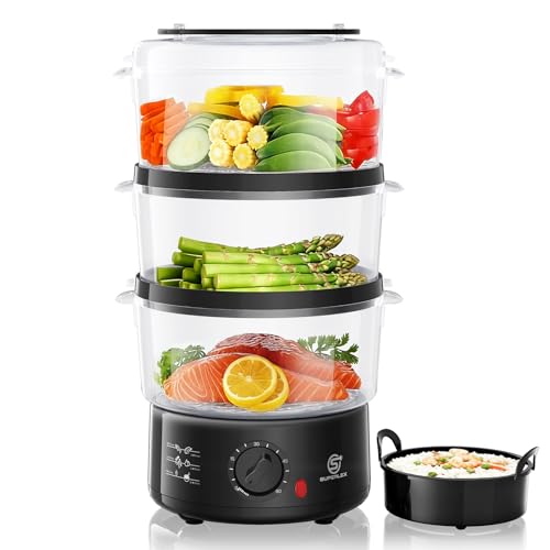 SUPERLEX Dampfgarer Elektrisch Steamer 550W Pot 3 Etagen Dampfkocher Mit Reisschale 60 Minuten Timer 7,5L Gesamtkapazität Gesundes Kochen Transparenter Deckel Kompakt Für Gemüse Fisch Reis Fleisch