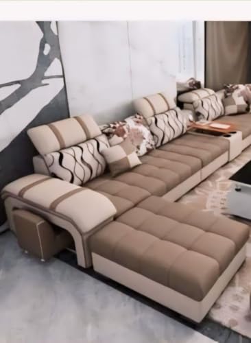 Image of Torque - Galster 12 Seater Sofa Set for Living Room (Left Side, Brown & Beige) | U Shape Sectional Sofa Set with Cup Holder & Storage with 4 Puffy | 1 Years Warranty