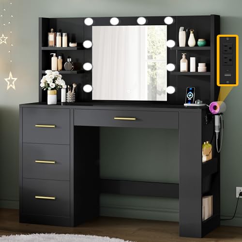 YITAHOME Vanity Desk with Mirror and Power Outlet, Makeup Table with 4 Drawers and 6 Storage Shelves, Adjustable 3 Lighting Colors for Bedroom, Vanity Table for Dressing Room, Black