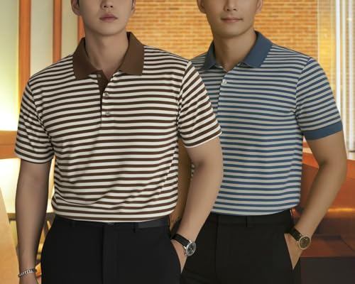 Image of MACK JONNEY Men's Cotton Polo T-Shirt | Regular Fit | Short Sleeve | Striped Casual Wear | Pack of 2 -MJ-1