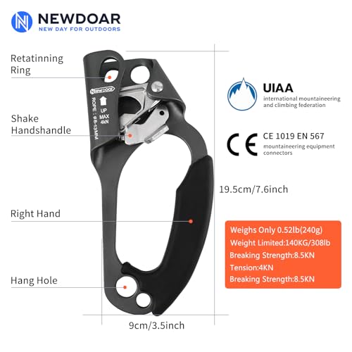 Image of NewDoar Hand Ascender Rock Climbing Tree Arborist Rappelling Gear Equipment Rope Clamp for 8~12MM Rope(Right Hand Grey)