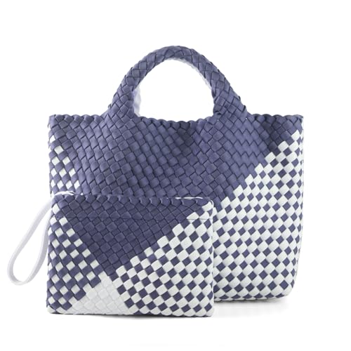 Image of Woven Bag for Women, Neoprene Tote Bag Summer Beach Handbag Purse Retro Handmade Travel Shoulder Bag Set