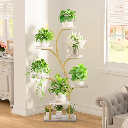Image of BACEKOLL Plant Stand Indoor with Grow Lights, 7 Tiered Indoor Plant Shelf, 49 inch Corner Plant Stands for Indoor Plants, Metal Plant Flower Display Shelf, Tree-Shaped Plant Rack for Home, Faux Marble
