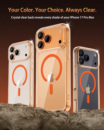 Image of Elzzi Anti Scratch Semi Translucent Cover for iPhone 17 Pro Max Case, Premium PC + TPU Magnetic Phone Cases, Compatible with Magsafe Slim Never Yellowing Shockproof - Cosmic Orange