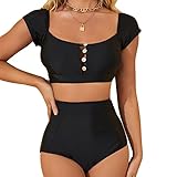 Dixperfect Women's Retro High Waisted Bikini Two Pieces Swimsuits 50s Cap Sleeve Swimwear Bathing Suit All Black L