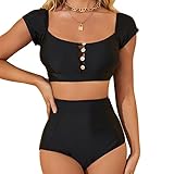 Dixperfect Women's Retro High Waisted Bikini Two Pieces Swimsuits 50s Cap Sleeve Swimwear Bathing Suit (XL, All Black)