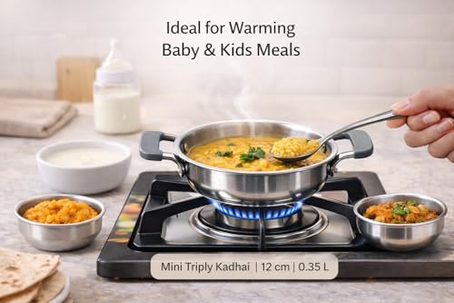 Image of Silver Queen Triply Stainless Steel Mini Kadhai 12 cm (0.35 L) with Silicone Handles | Triply Steel Kadai for Cooking | Durable Small Kadhai for Everyday Use, Cute kadai