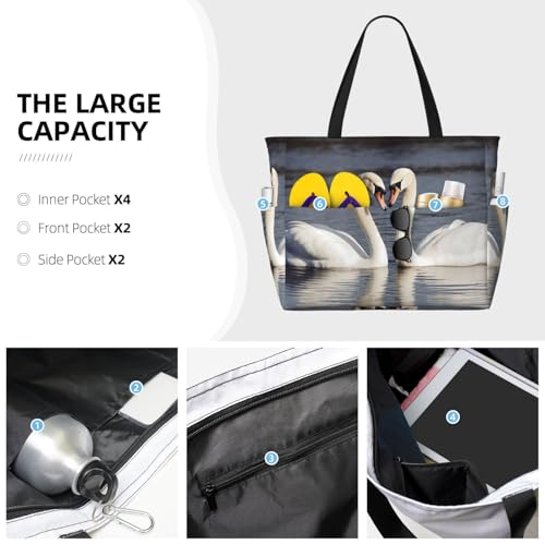 Romantic White Swan Beach Bags For Women Large Waterproof Sandproof Beach Tote Bag Pool Bag Lightweight Zipper Carry On Bag For Gym Travel Vocation3