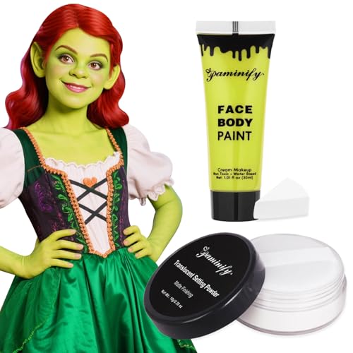 Paminify Ogre Green Face Paint with Setting Powder and sponge 1.01 Oz Water Based Green Body Paint Halloween Face Painting Kit SFX Makeup Cosplay Monster Witch Elphaba Costume for Adults & Kids