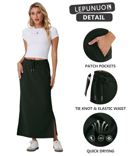 Image of Lepunuo Women's High Waisted Sweat Maxi Skirt with Pockets Slit | Ultra Soft Sweat Fabric, High Waist Drawstring, Deep Phone Pockets, Side Slit for Movement, Ideal for Lounge Travel
