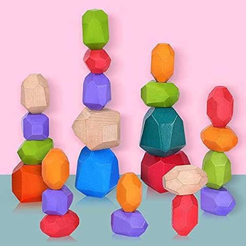 Japace Wooden Stacking Stones Montessori Toys for 2 3 4 years old, 24Pcs Balancing Stone Building Block Sorting Game Educational Toys for Toddlers & Home Ornament Cover