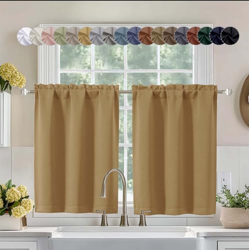 Image of Aiyufeng Gold Short 36 Inches Blackout Curtain 2 Panels Set, Half Window Rod Pocket Privacy Curtain Tiers for Kitchen, Curtains Blackout for Bathroom Shades, W40 x L36 Inch, Gold