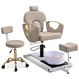 LOUVIXA Pedicure Station No Plumbing, Hydraulic Pedicure Chair for Nail Tech, Height Adjustable Reclining Pedicure Station Unit, 360 Degree Swivel Foot Spa Chair with Massage Foot Bath (Grey-Golden)