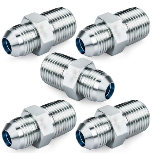 Image of Straight Hydraulic Hose Adapter Fittings, 2404-04-04 1 /4 inch Male JIC Flare (7 /16 inch-20 thread) x 1 /4 inch Male (1 /4 inch-18NPTF) SAE Connectors x 5 pack