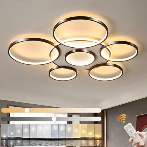 Luz De Techo LED | Lámpara De Techo Moderna De 7 Anillos Para Sala De | Círculo Redondo negra 120W/Ø110cm | 2800K-6000K Regulable Con Mando A Distancia | Lámpara De Techo Interior Para Restaurante