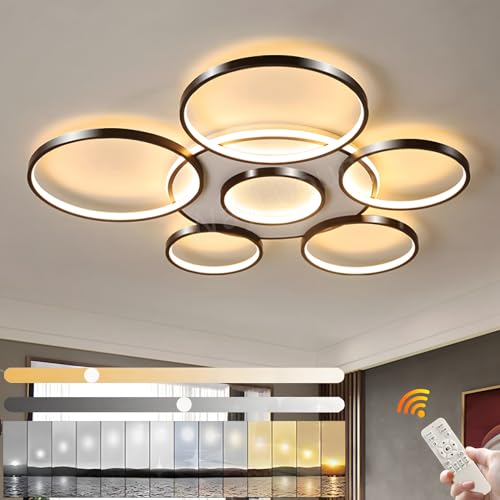 LED Deckenleuchte | Moderne 7-Ringe Wohnzimmer Deckenleuchte | Schwarz Runder Kreis 120W/Ø110cm | Schlafzimmer Deckenleuchten | 2700K-6500K Dimmbar Mit Fernbedienung | Restaurant Innendeckenleuchte