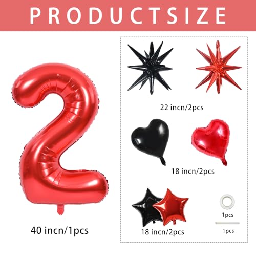 Image of TONIFUL 2nd Birthday Balloons Kit 40 Inch Red Large Number 2 Foil Balloon | with 18Inch Helium Mylar Heart Star Balloons for Kids Women Men Birthday Anniversary Graduation New Year Eve Party Decoration
