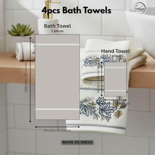 Image of SENSES By Riba Cotton Embroidered Towel Set, 550 GSM Soft & Absorbent, Antimicrobial, Oeko-Tex Certified | Ideal for Home & Gifting, Pack of 4 (2 Bath 27 inchX50 inch + 2 Hand Towels 16 inchX26 inch) - Style 20
