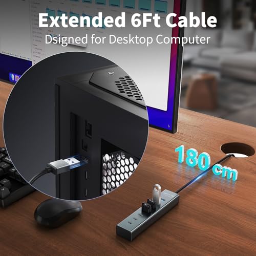 Image of 6Ft 7-Port USB Hub 3.0 for Desktop, 4 USB-A & 3 USB-C Ports Aluminium 5Gbps USB Extender Hub, USB Splitter, USB Hub Long Cable for Desktop, PC, Flash Drive, Mobile HDD SSD, Windows /XPS