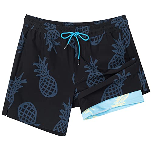 SURF CUZ Mens Swim Trunks with Compression Liner Mens Swimming Trunks 5 Inch Bathing Suit with Zipper Pockets Quick Dry Swim Shorts Black Pineapple Medium