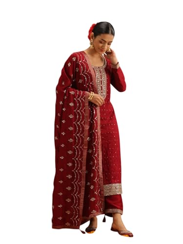 Image of Libas Maroon Embroidered Silk Blend Straight Kurta set for Women | ethnic wear | bridal suit | wedding dress | occasion wear