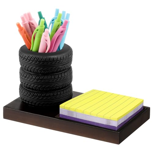 Sherr Tire Shaped Pen Holder with Sticky Notes Holder for Salesman Gift Wooden Tool Planter Pencil Storage Holder Desk Organizer Home Office Supplies Gift for Mechanics Car Lovers