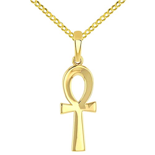 Jewelry America Solid 14k Yellow Gold Polished Egyptian Ankh Cross Charm Pendant with Cuban Chain...
