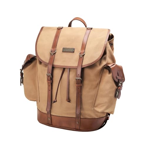 DRAKENSBERG Sac à Dos 'Henry' en toile et cuir pour hommes et femmes, backpack de randonnée au design vintage alpin, 30L, fait main - Kaki-Beige, DR00117