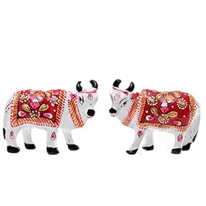 Minakari Traditional Indian Rajasthani Décor Hand Painted Statue Sculpture Diwali Christmas Festive Decoration Showpiece for Table Home Office and Gifting (Set of 2 White Cows)