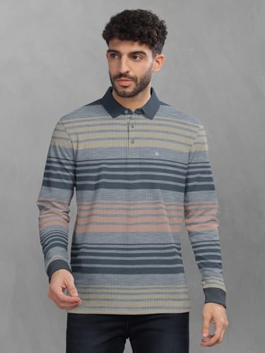 Image of BULLMER Striped Textured Printed Polo Neck Fullsleeve T-Shirt with Rib for Men