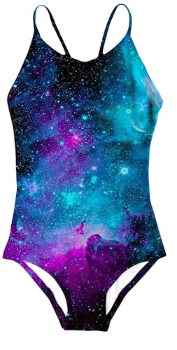 Idgreatim Girls Galaxy One Piece Swimsuit Cute 3D Graphic Hawaiian Beach Bathing Suit Swimwear with Mesh 11-12 Years