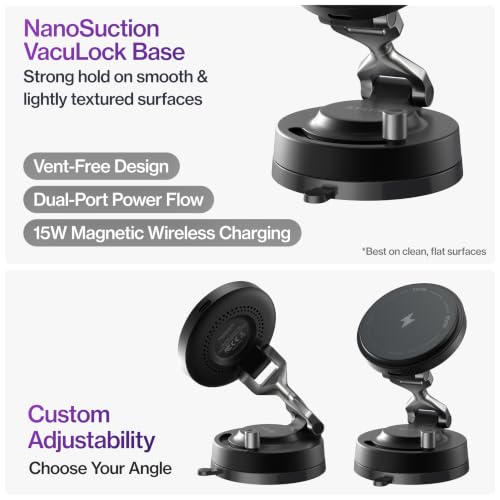 Image of Statik HyperMount Pro Magnetic Charging Phone Holder for iPhone and Android | 15W Wireless Charging, Nano-Suction VacuLock Grip, 360 Rotation, Compatible with MagSafe, Metal Rings for Android