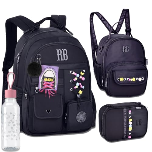 Kit Mochila Escolar Rebecca Bonbon RB 27422 Preta de cadarço pra tenis e miçangas com Lancheira, Estojo box e Garrafinha coleção 2026