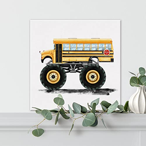 Lameila School Bus Monster Truck Artwork Sign Wall Art Prints Watercolor School Monster Truck Canvas Painting Vehicles Nursery Print Home Boys Bedroom Playroom Decor 8" X 8" #TOP3