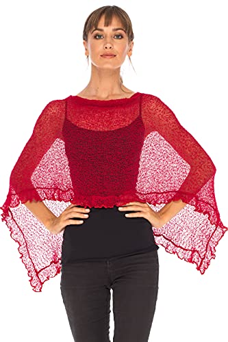 Image of SHU-SHI Women's Sheer Knit Poncho Shrug Lightweight Asymmetrical Ruffle Wrap Dressy Summer Shawl Cover Up Top