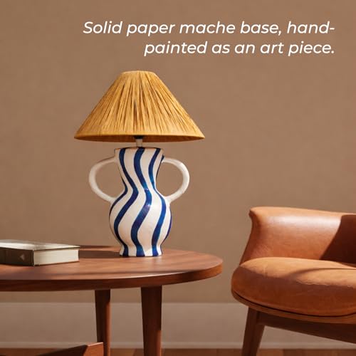 Image of Handcrafted Bedside & Living Room Table Lamp | Handpainted Paper Mache | Natural Raffia Shade | E27 Holder with Bulb Included | Accent Light, Decor Lamp for Bedroom, Study & Home Decor
