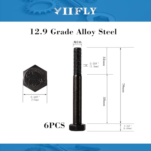 Image of M10x1.5 x 70mm Hex Head Screws Bolts, 12.9 Grade Alloy Steel, Hexagon Head Bolts, Black Oxide Finish, Half Thread, Quantity 6