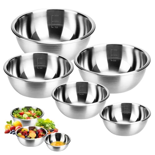Ytwehela Lot de 5 Cul de Poule Inox, Saladiers en Acier Inoxydable, Bol Inox Cuisine Bowl de Mélange 5 Saladiers de Tailles Différentes 0.6 l, 0.9 l, 1.6 l, 2 l, 2.6 l