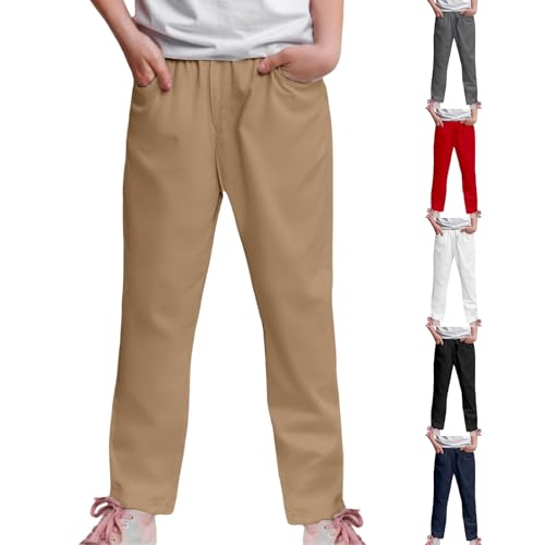 Boys Girls Straight Elastic Waist Pants with Pockets School Casual Sport Plain Long Trousers Kids Lightweight Pants