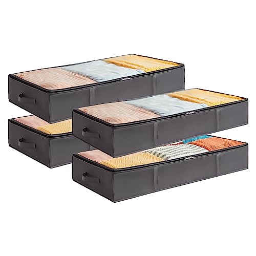 Lifewit 4 Pack 75L Under Bed Storage, Underbed Storage Boxes with lid Clothes Storage Bag Wardrobe Storage Organiser with Reinforced Handle, PVC Window for Duvet, Blanket, Clothing, Shoes, Grey