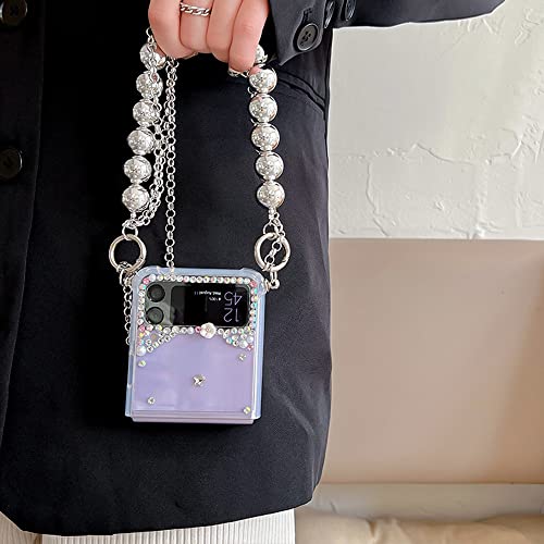 Omio Compatible With Samsung Galaxy Z Flip 4 5G Case With Crossbody Chain Strap Bracelet Cute 3D Handmade Sparkle Crystal Diamond Bling Glitter Hard Pc Phone Case For Galaxy Z Flip 4 Women Girls Clear #TOP2
