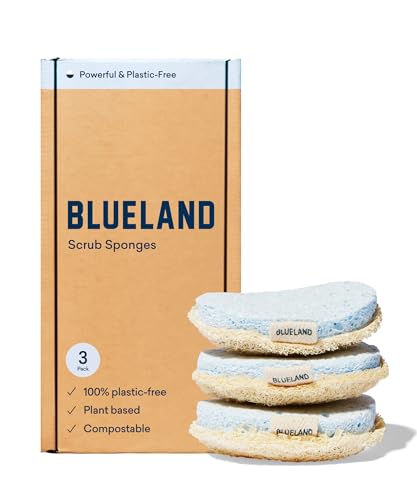 BLUELAND Scrub Sponge, 3-Pack, Dual-Sided Dish Loofah, Plastic-Free, Plant-Based Kitchen Scrubbing Non-Scratch