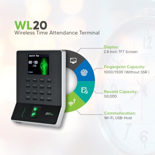 Image of ZKTeco WL20 Fingerprint Attendance Machine | Biometric Time & Attendance Terminal with Wi-Fi & USB Connectivity