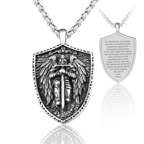 Malihome St Michael the Archangel Necklace, Stainless Steel Saint Michael Medal Pendant with Bible Verse Amulet for Men Women (Shield-2)