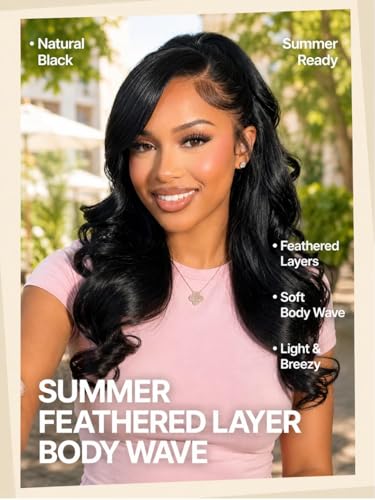 Image of Sunber Layer Body Wave Wig Human Hair Glueless 13x4 HD Lace Front Wig Pre Cut Lace Pre Plucked Pre Bleached Knots 200% Density Left Side Part Drawstring Wig Put On and Go 24inch