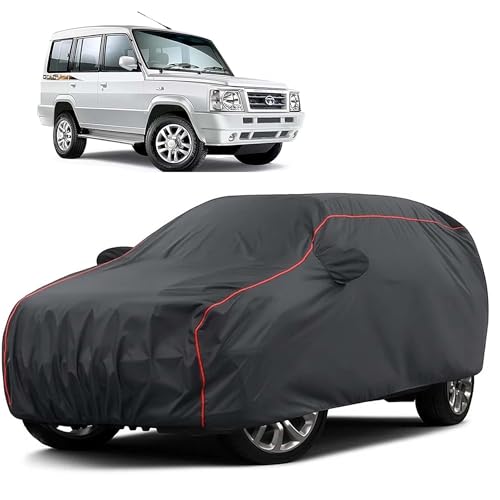 Image of Sulfar 100% Water Resistant Car Body Cover Compatible with Mirror for Tata Sumo Gold (Triple Stitched, Full Bottom Elastic, Dark Grey Taffeta with Red Piping)