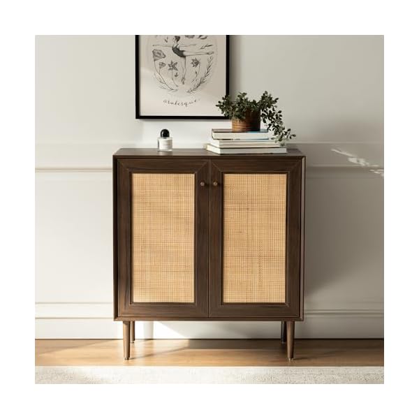 Boho buffet cabinet with storage 2 doors natural rattan accent cabinet farmhouse storage cabinet with adjustable shelves for entryway kitchen living roomwalnut  urban country home decor