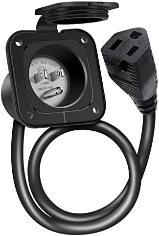 PAULINN 15 Amp 125V AC Power Inlet Port Plug with Integrated 18" Extension Cord, NEMA 5-15 RV Flanged Inlet w/ Waterproof & Back Cover, 2 Pole 3-Wire Shore Power Plug for RV, Truck, Boat, Generator