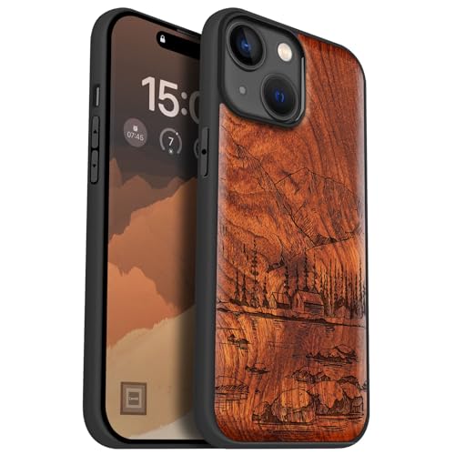 Coque bois pour iPhone 15 Magsafe Carveit gravée laser motif lac montagne