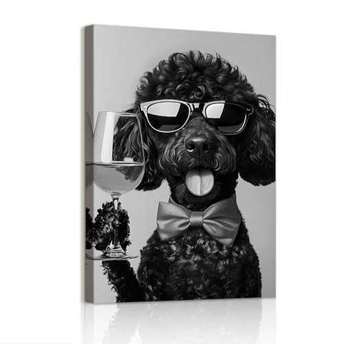 WENGTIAO Amusant Chien Tableau Decoration Murale Encadré, Impression Toile Peinture Chien avec Lunettes de Soleil Tenant un Verre de Vin Decoration Murale Salon Café...